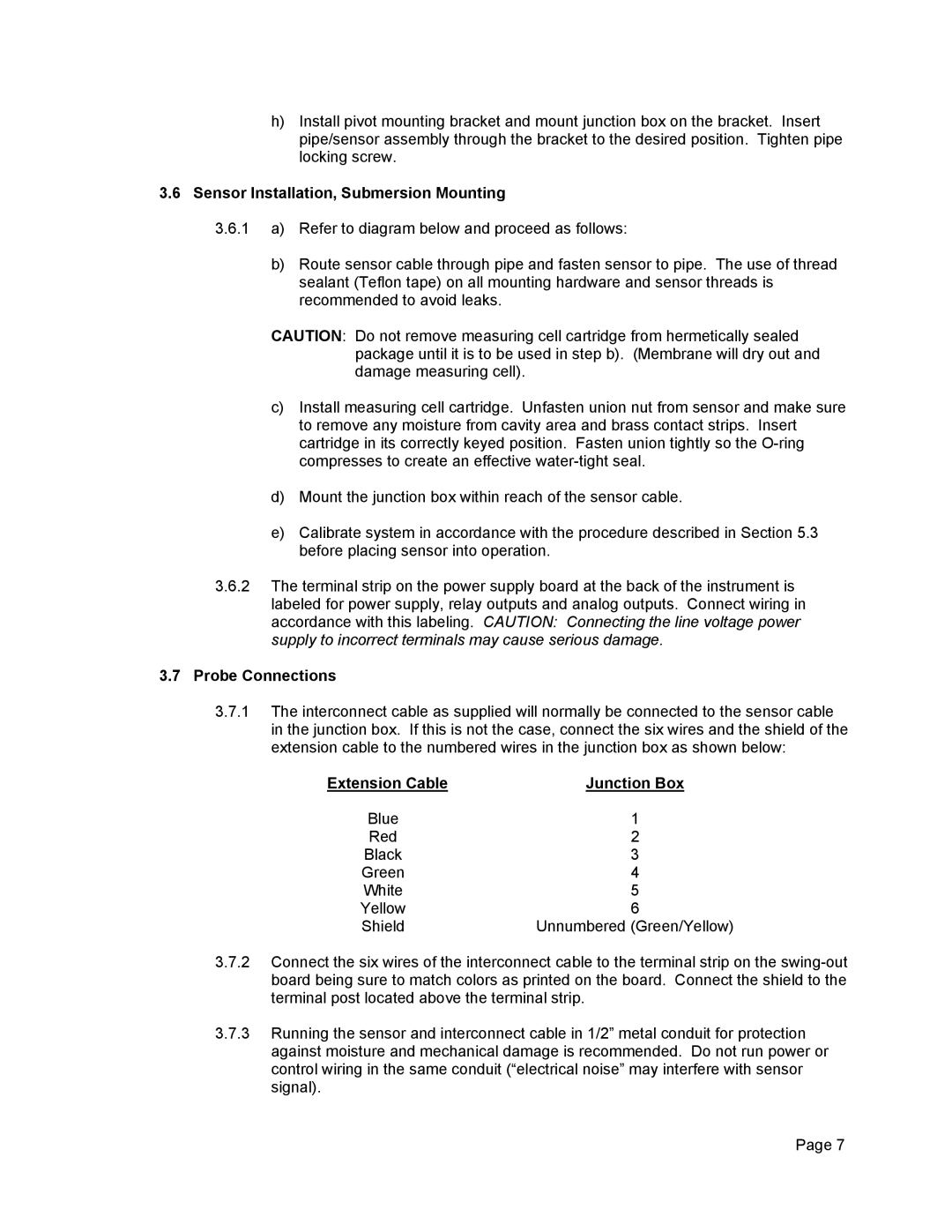 Omega Engineering DOCN600 manual Sensor Installation, Submersion Mounting, Probe Connections, Extension Cable Junction Box 