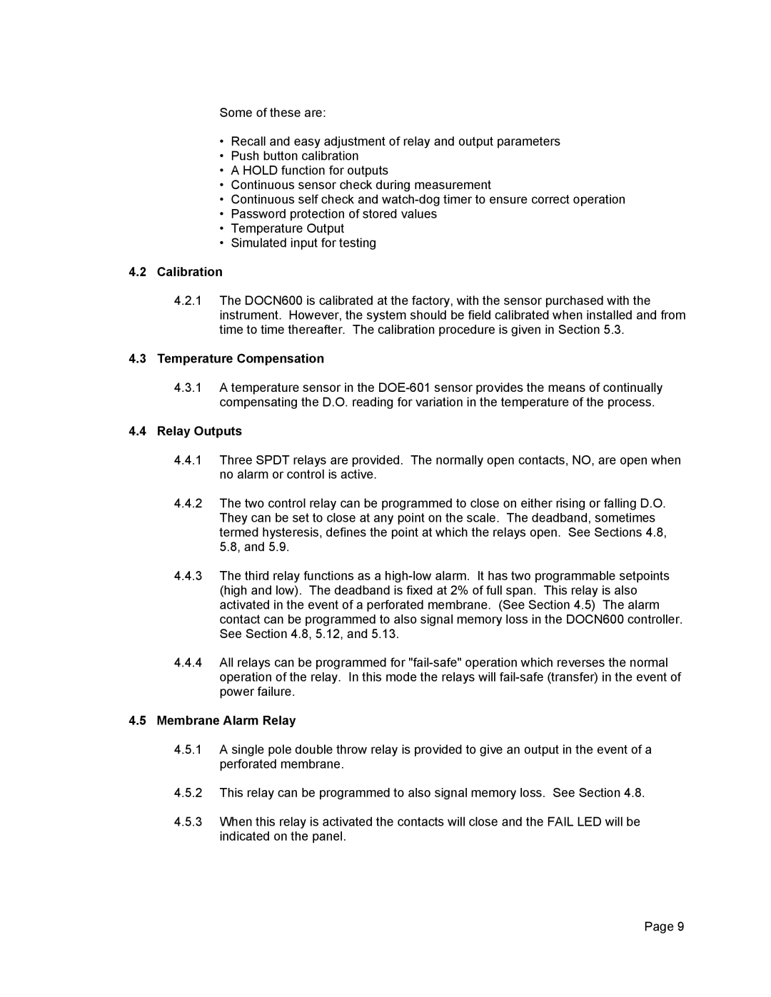 Omega Engineering DOCN600 manual Calibration, Temperature Compensation, Relay Outputs, Membrane Alarm Relay 