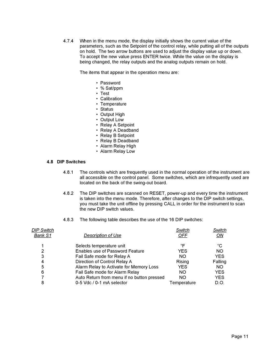 Omega Engineering DOCN600, Dissolved Oxygen System manual DIP Switches, Off 