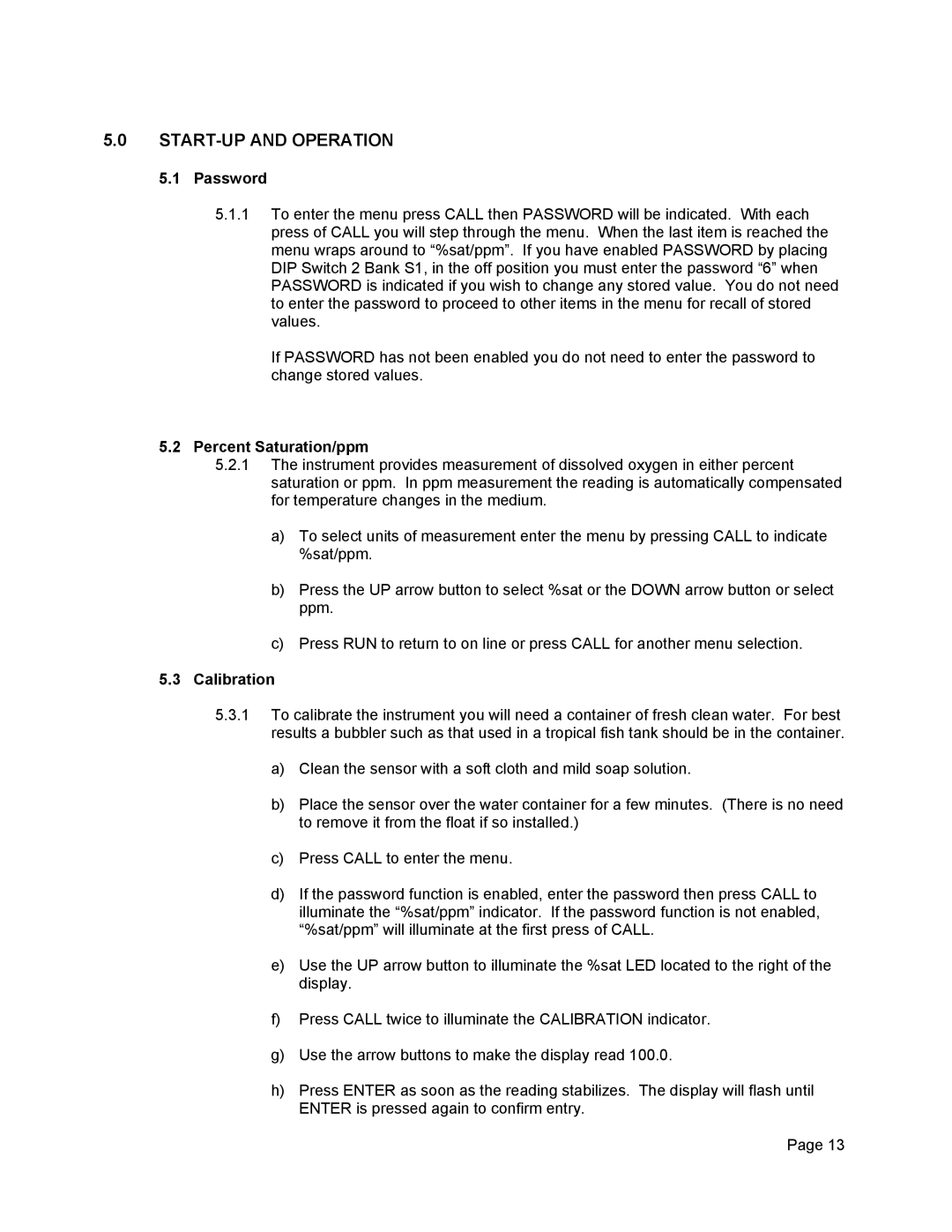 Omega Engineering DOCN600, Dissolved Oxygen System manual START-UP and Operation, Password, Percent Saturation/ppm 