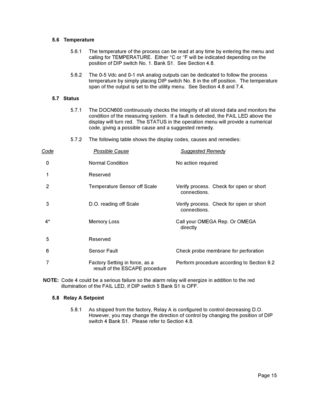 Omega Engineering DOCN600, Dissolved Oxygen System manual Temperature, Status, Relay a Setpoint 