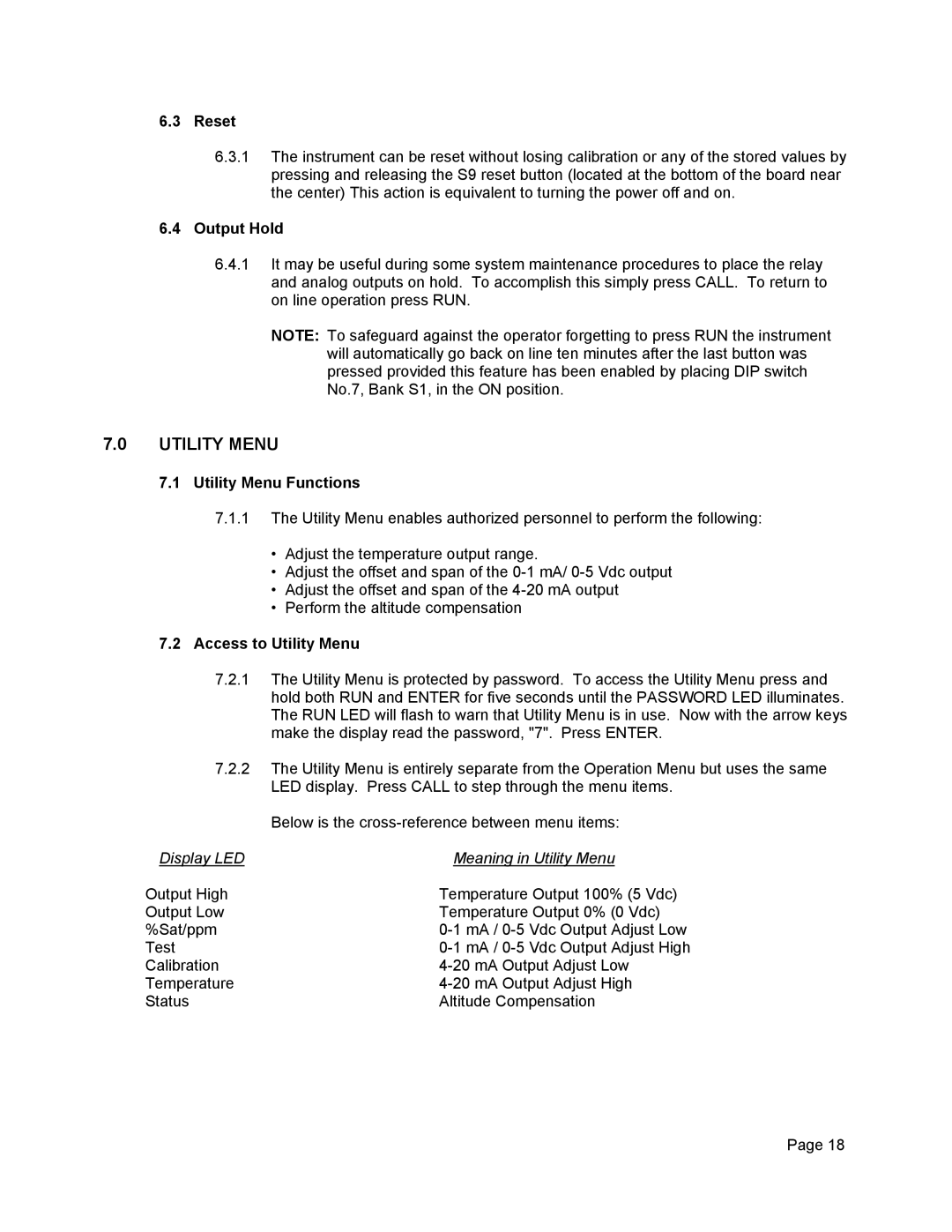 Omega Engineering Dissolved Oxygen System, DOCN600 manual Reset, Utility Menu Functions, Access to Utility Menu 