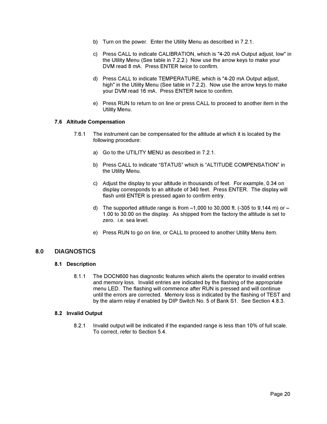 Omega Engineering Dissolved Oxygen System, DOCN600 manual Diagnostics, Altitude Compensation, Description, Invalid Output 