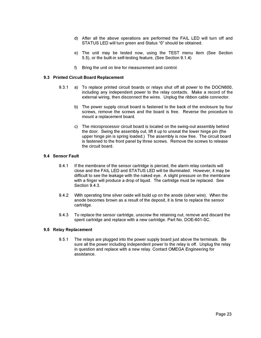 Omega Engineering DOCN600, Dissolved Oxygen System manual Printed Circuit Board Replacement, Sensor Fault, Relay Replacement 