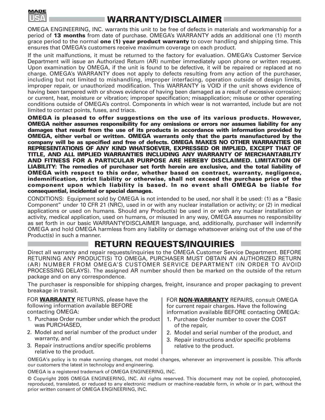 Omega Engineering DOCN600, Dissolved Oxygen System manual Warranty/Disclaimer 