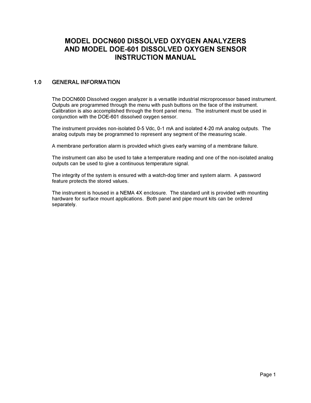 Omega Engineering DOCN600, Dissolved Oxygen System manual General Information 