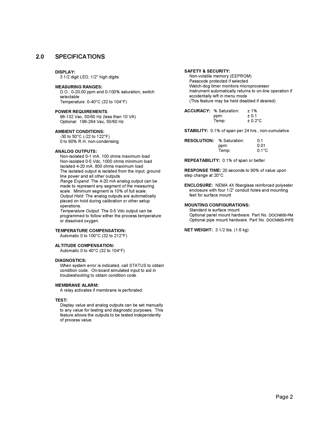 Omega Engineering Dissolved Oxygen System, DOCN600 manual Specifications, Power Requirements 