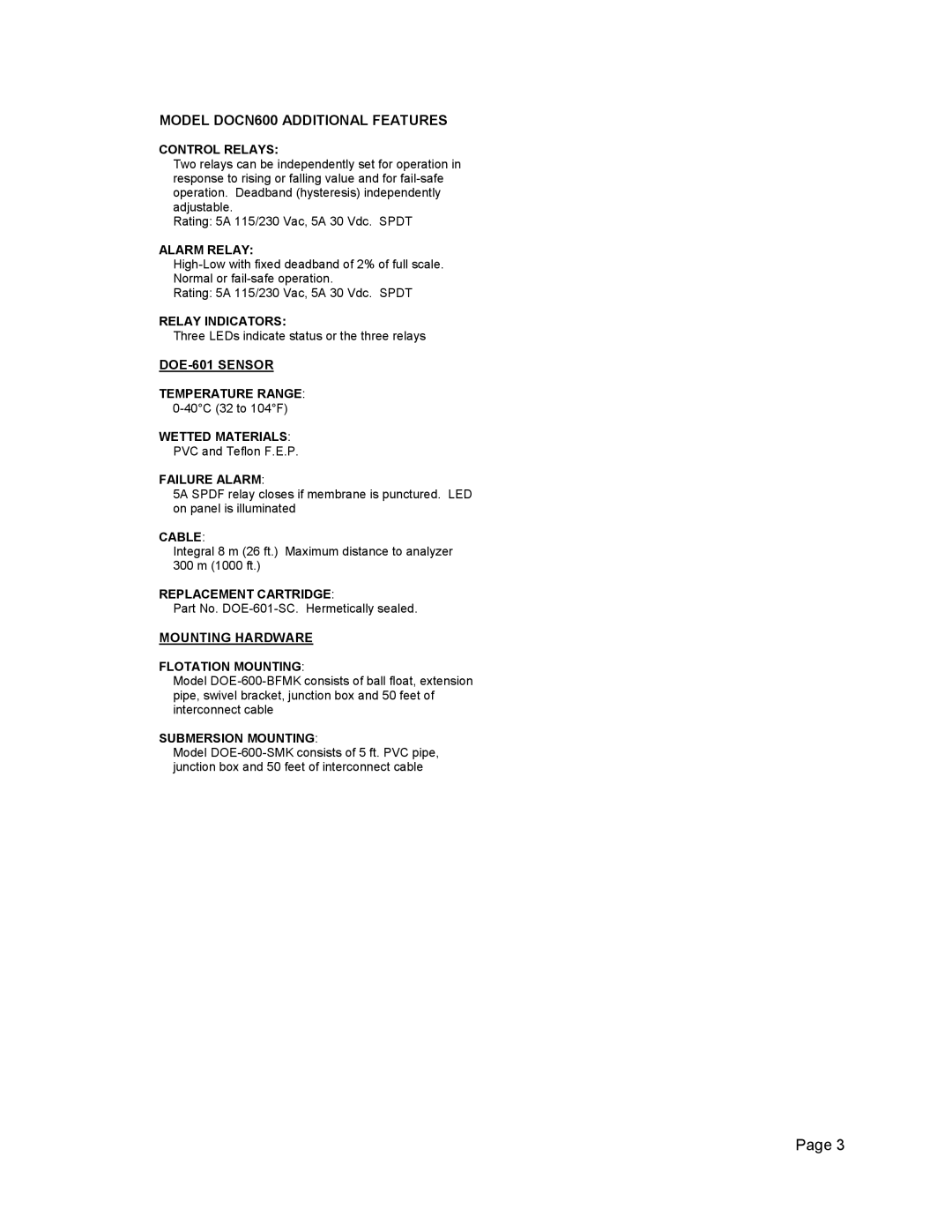 Omega Engineering Dissolved Oxygen System manual Model DOCN600 Additional Features 