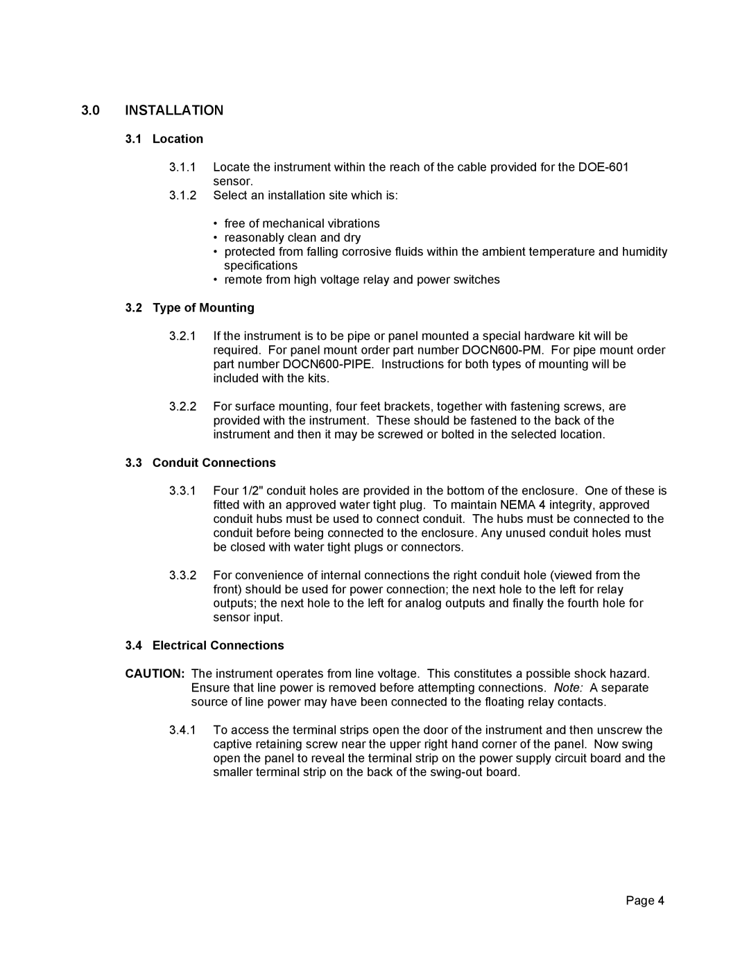 Omega Engineering Dissolved Oxygen System, DOCN600 manual Installation, Location, Type of Mounting, Conduit Connections 