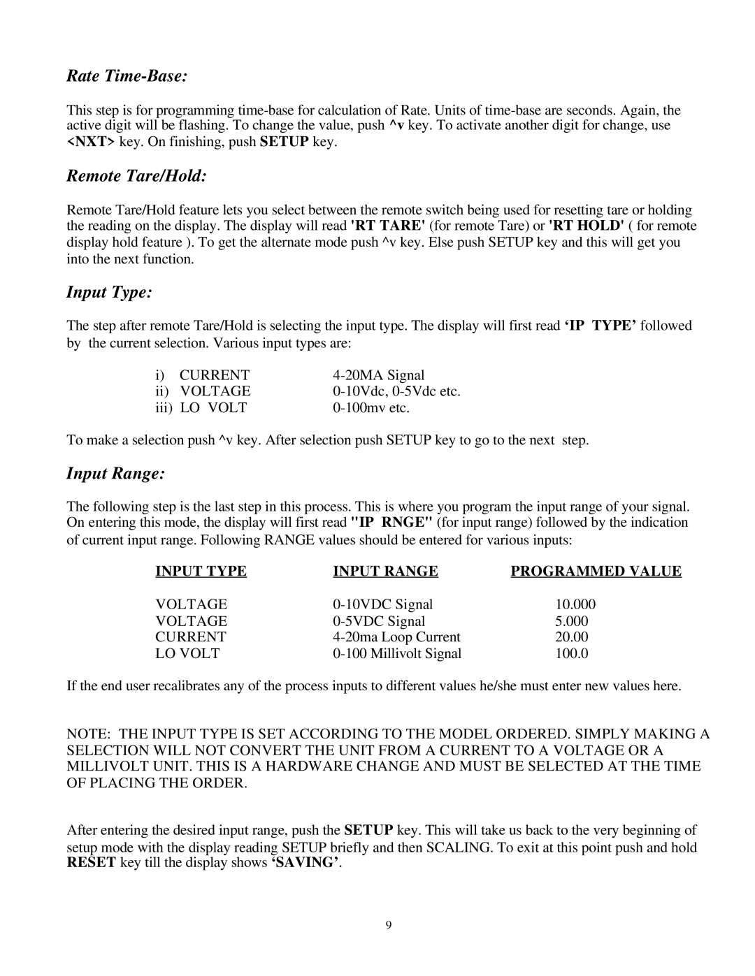 Omega Engineering DP3600 user manual Rate Time-Base, Remote Tare/Hold, Input Type, Input Range 