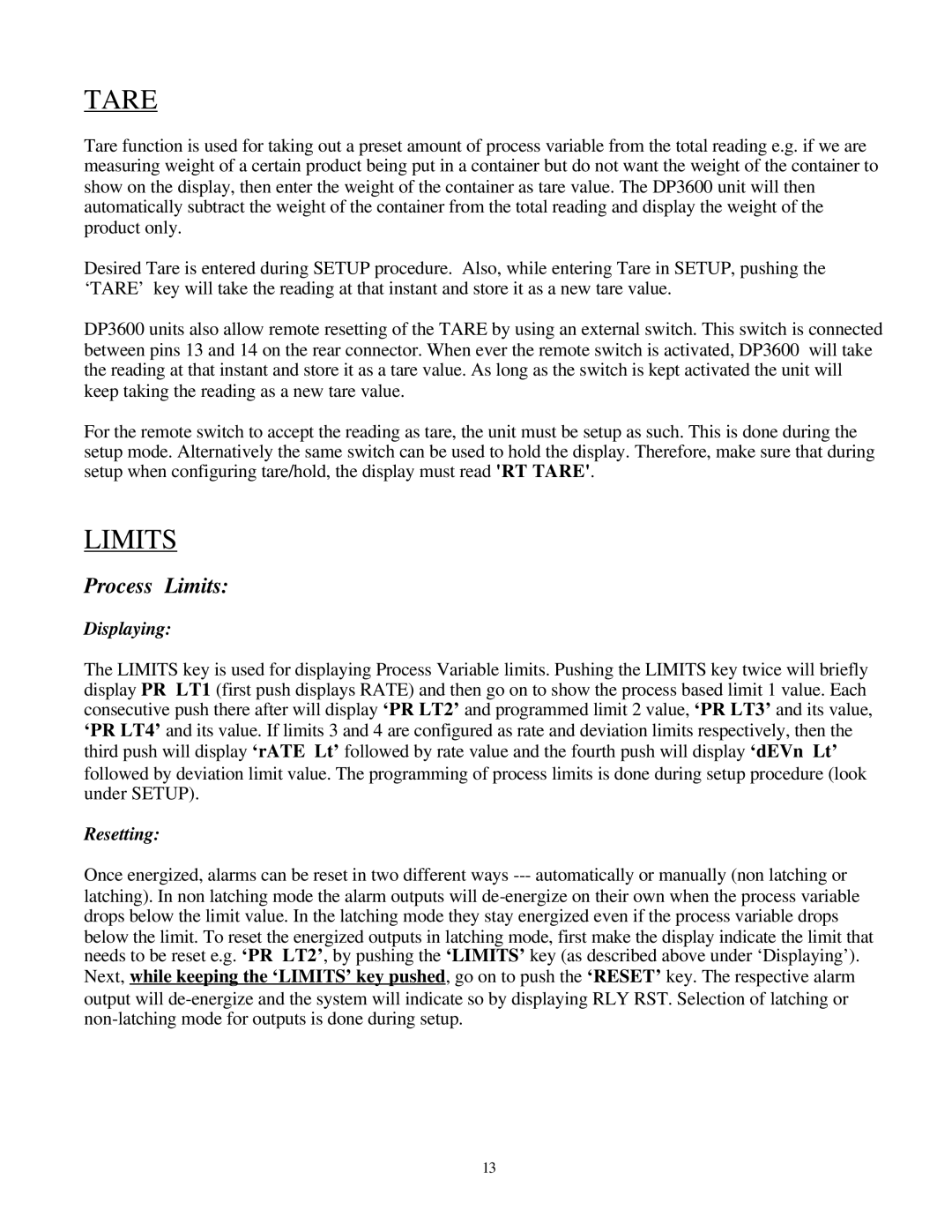 Omega Engineering DP3600 user manual Tare, Process Limits 