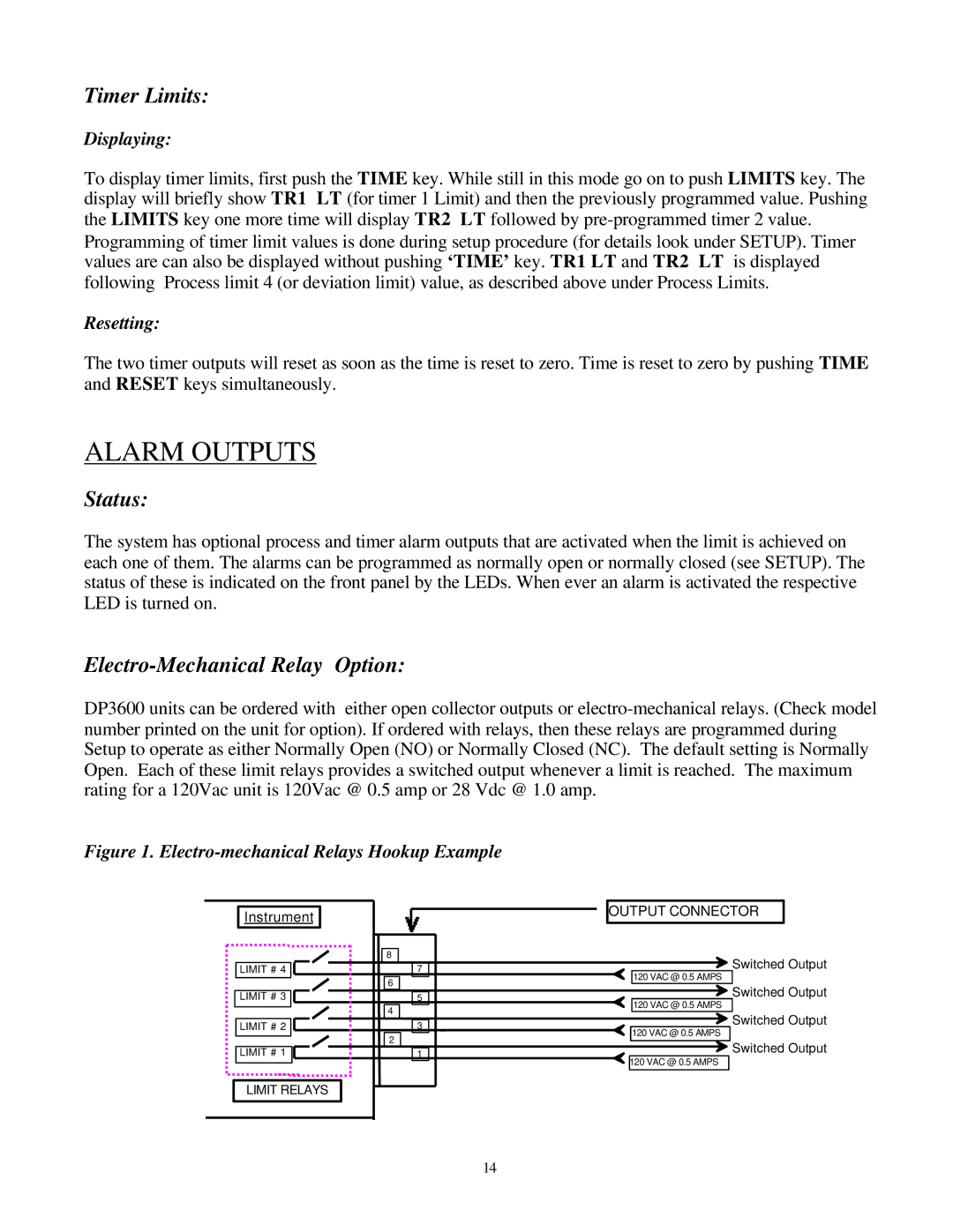 Omega Engineering DP3600 user manual Alarm Outputs, Timer Limits, Status, Electro-Mechanical Relay Option 