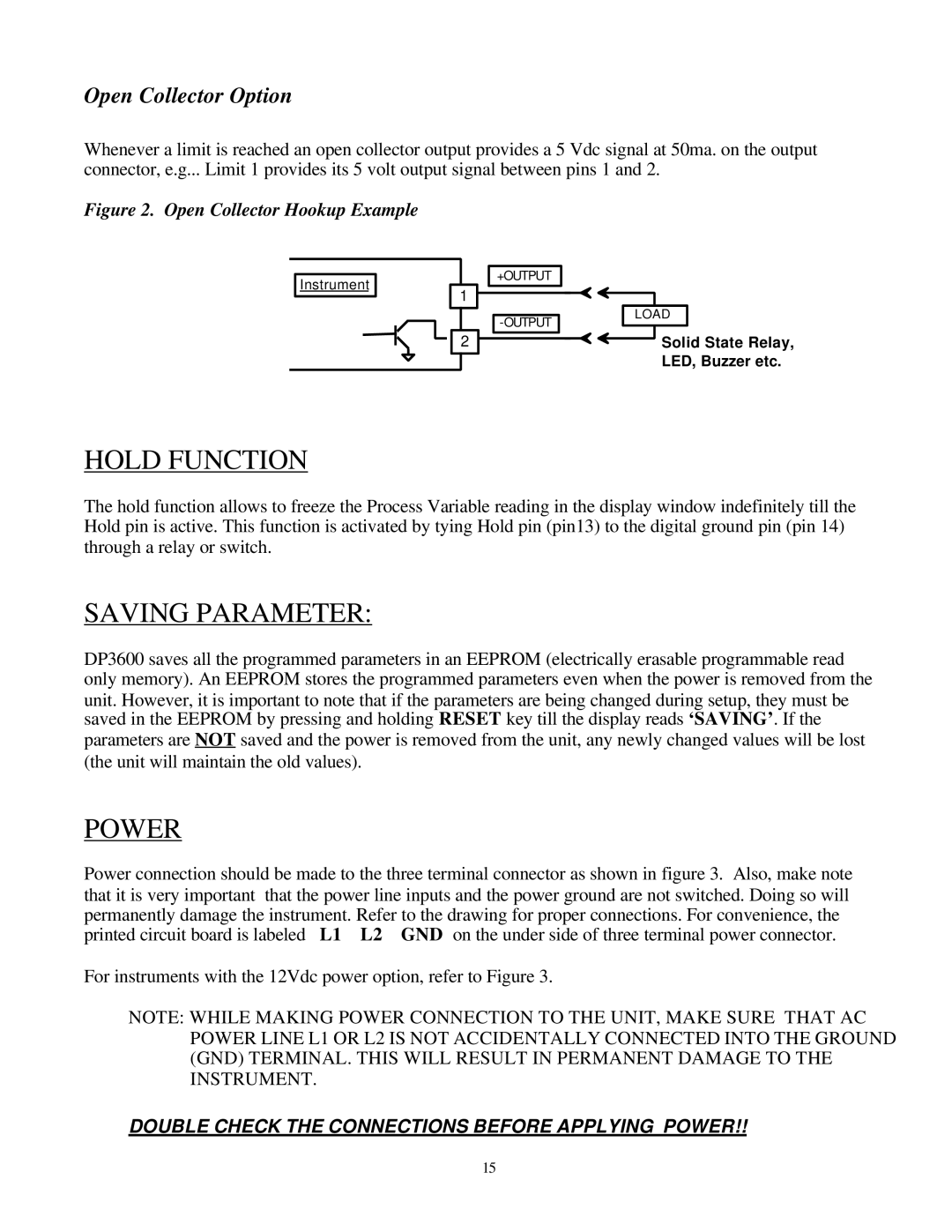 Omega Engineering DP3600 user manual Hold Function, Saving Parameter, Power, Open Collector Option 