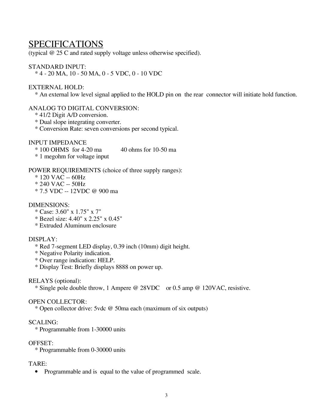 Omega Engineering DP3600 user manual Specifications, External Hold 