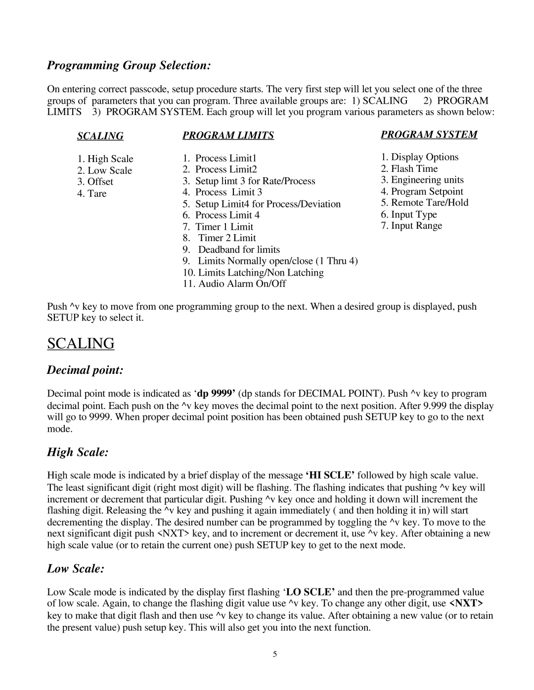 Omega Engineering DP3600 user manual Scaling, Programming Group Selection, Decimal point, High Scale, Low Scale 