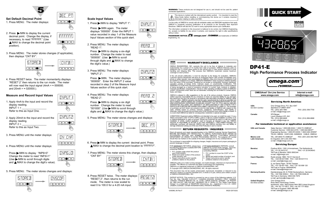 Omega Engineering DP41-E warranty INPUT1, INPUT2, Cnf, In.Sc.Of 