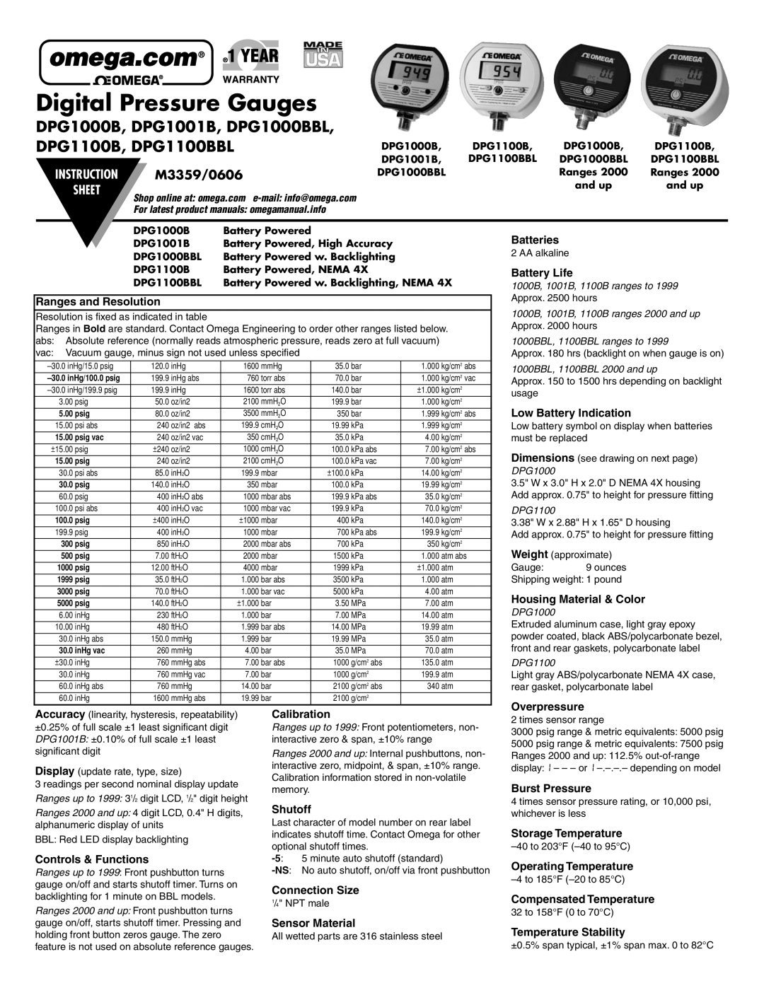 Omega Engineering DPG1000BBL, DPG1001B, DPG1100BBL instruction sheet M3359/0606 