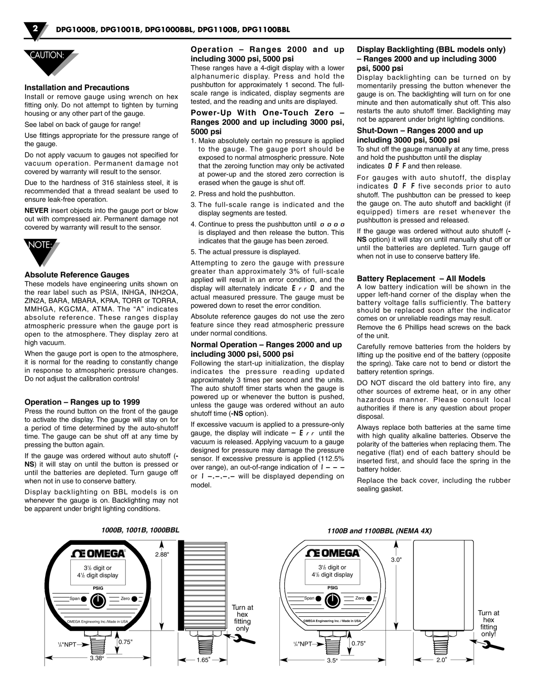 Omega Engineering DPG1001B, DPG1000BBL Installation and Precautions, Absolute Reference Gauges, Operation Ranges up to 