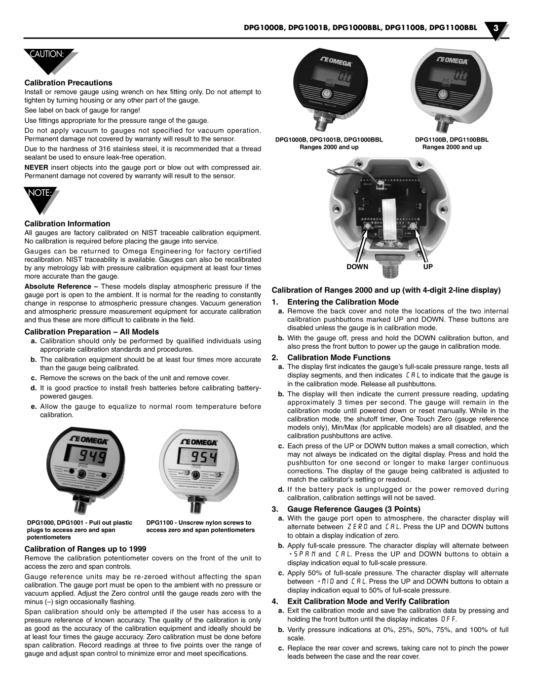 Omega Engineering DPG1100B, DPG1000B Calibration Precautions, Calibration Information, Calibration Preparation All Models 