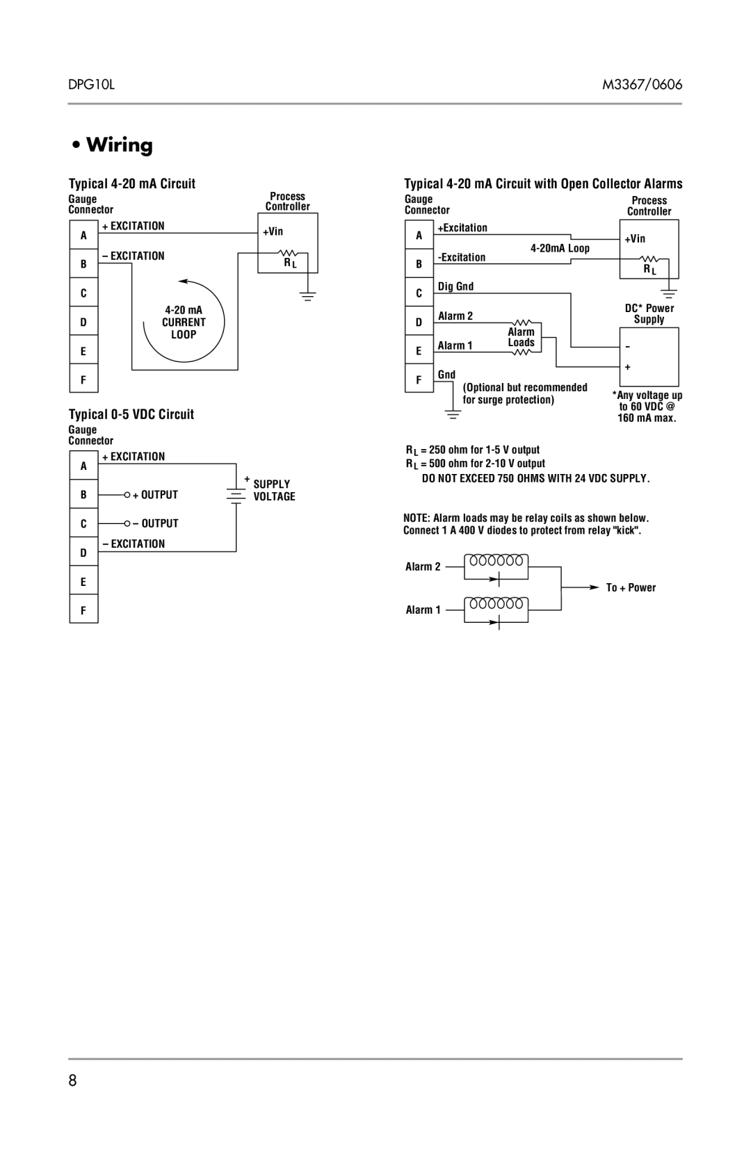 Omega Engineering DPG10L manual Wiring, Typical 4-20 mA Circuit with Open Collector Alarms 