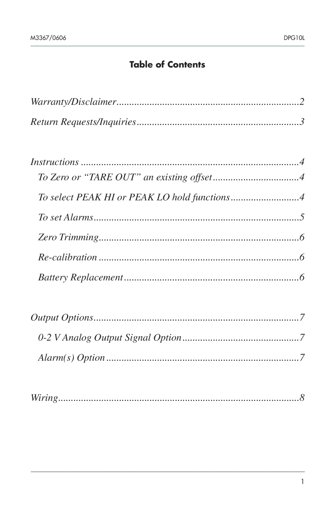 Omega Engineering DPG10L manual Analog Output Signal Option Alarms Option, Table of Contents 