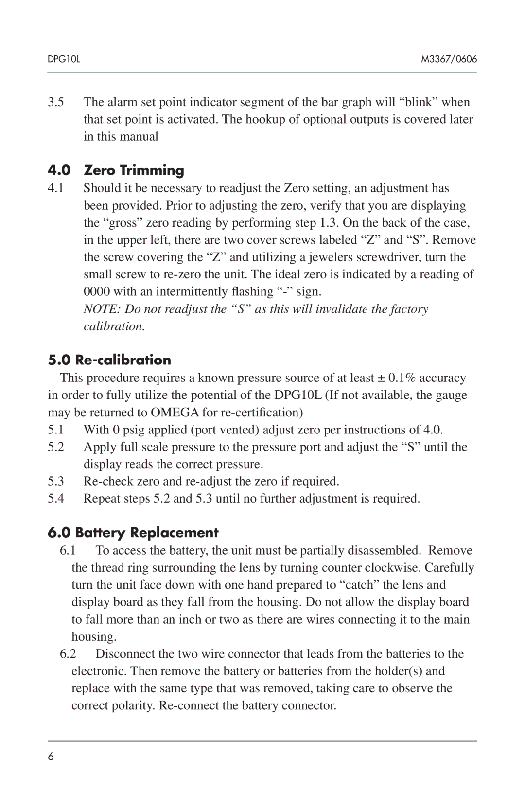 Omega Engineering DPG10L manual Zero Trimming, Re-calibration, Battery Replacement 