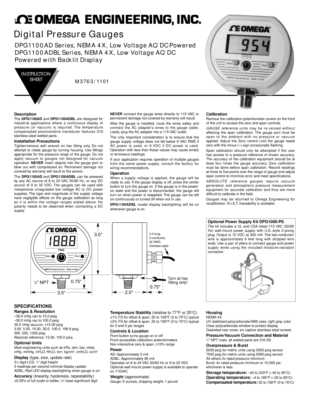 Omega Engineering DPG1100ADBL instruction sheet SHEETM3763/1101 