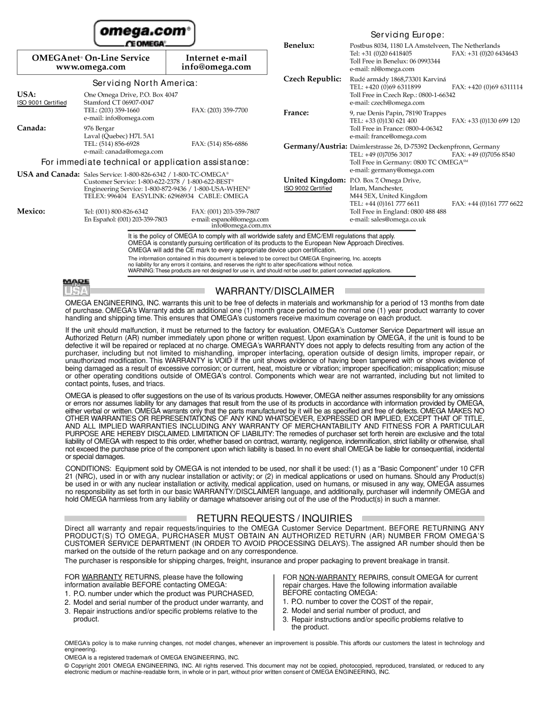 Omega Engineering DPG1100AD Servicing North America, For immediate technical or application assistance, Servicing Europe 