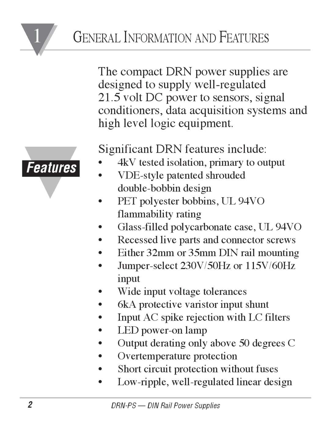 Omega Engineering DRN-PS-750 manual General Information and Features 