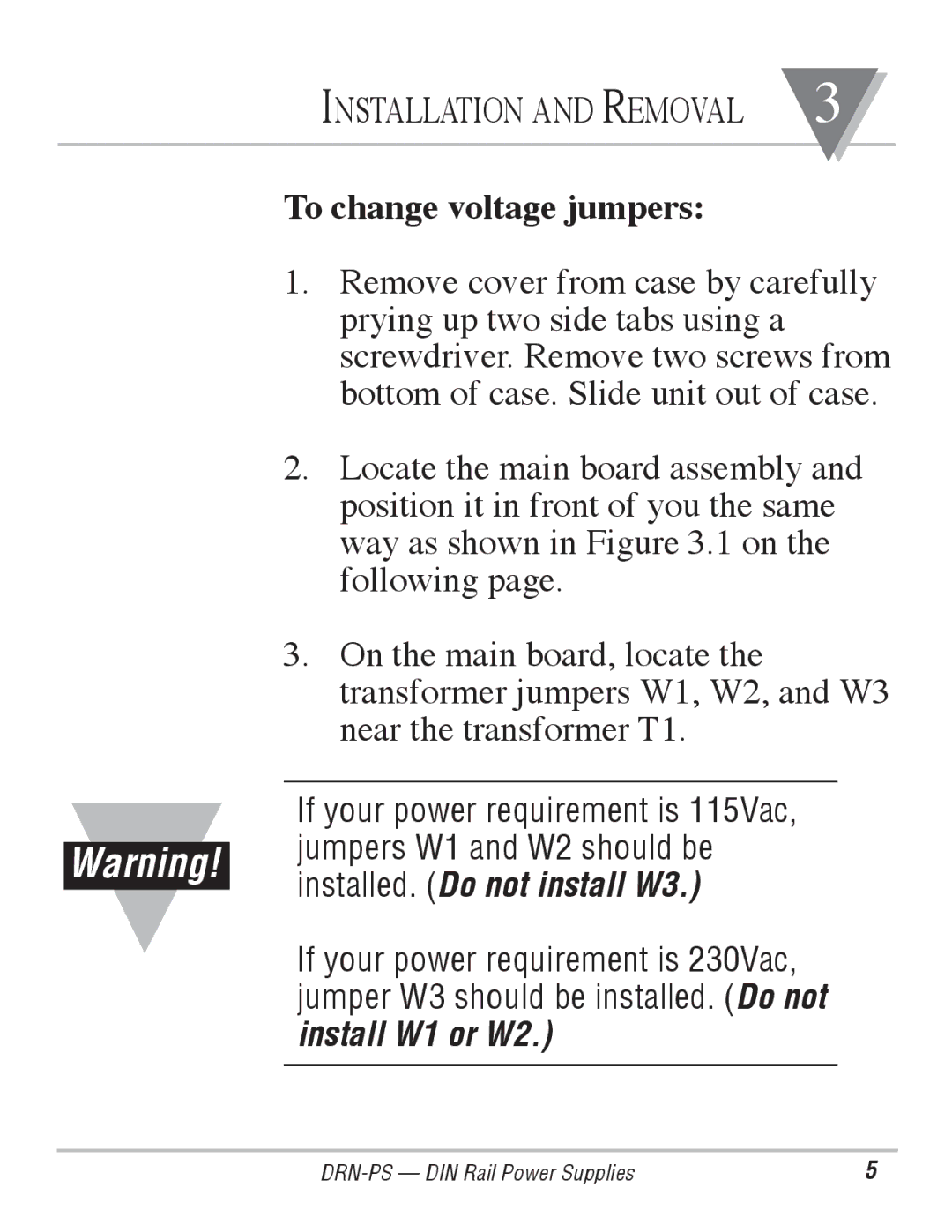 Omega Engineering DRN-PS-750 manual To change voltage jumpers 