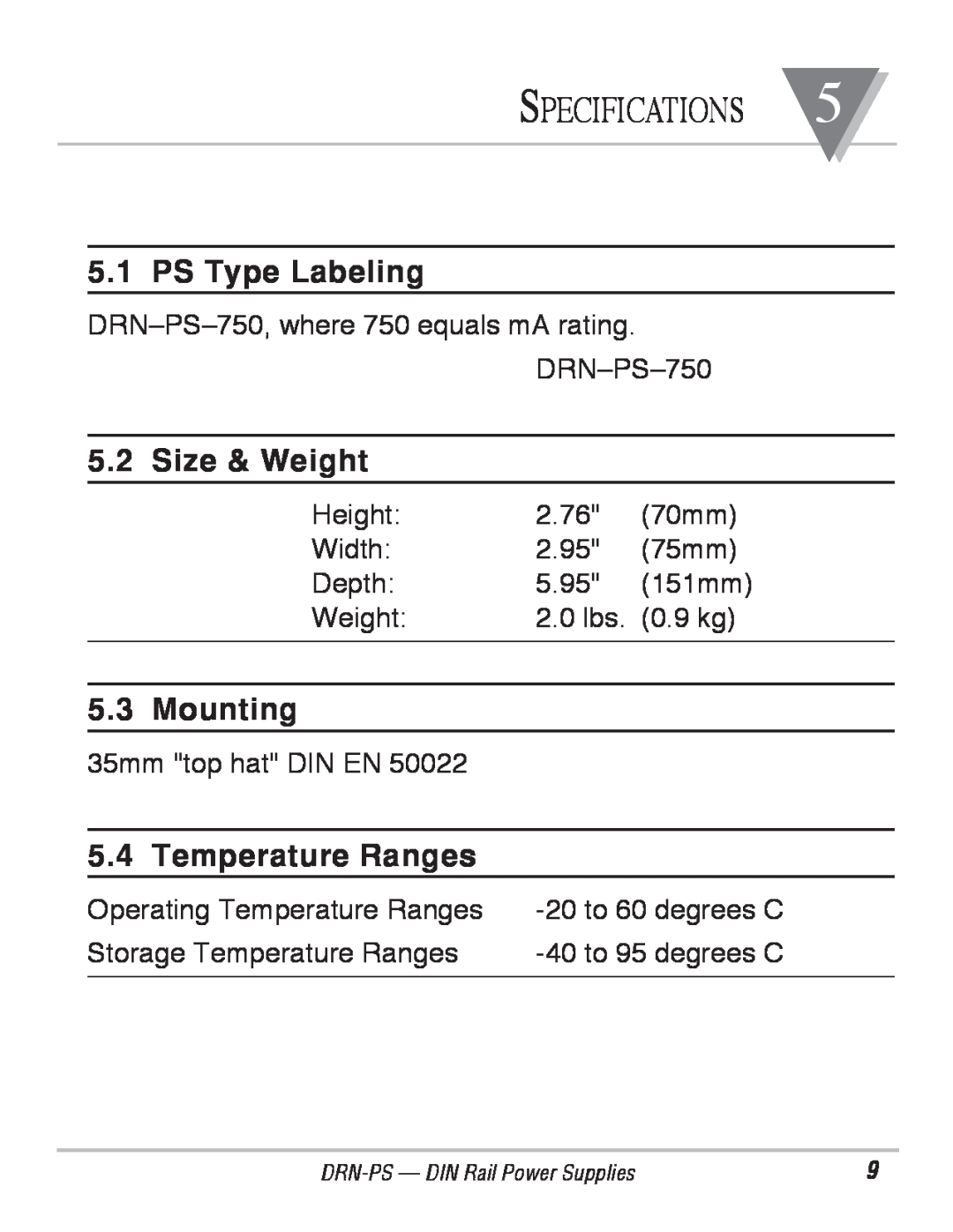 Omega Engineering DRN-PS-750 manual Specifications, PS Type Labeling, Size & Weight, Mounting, Temperature Ranges 