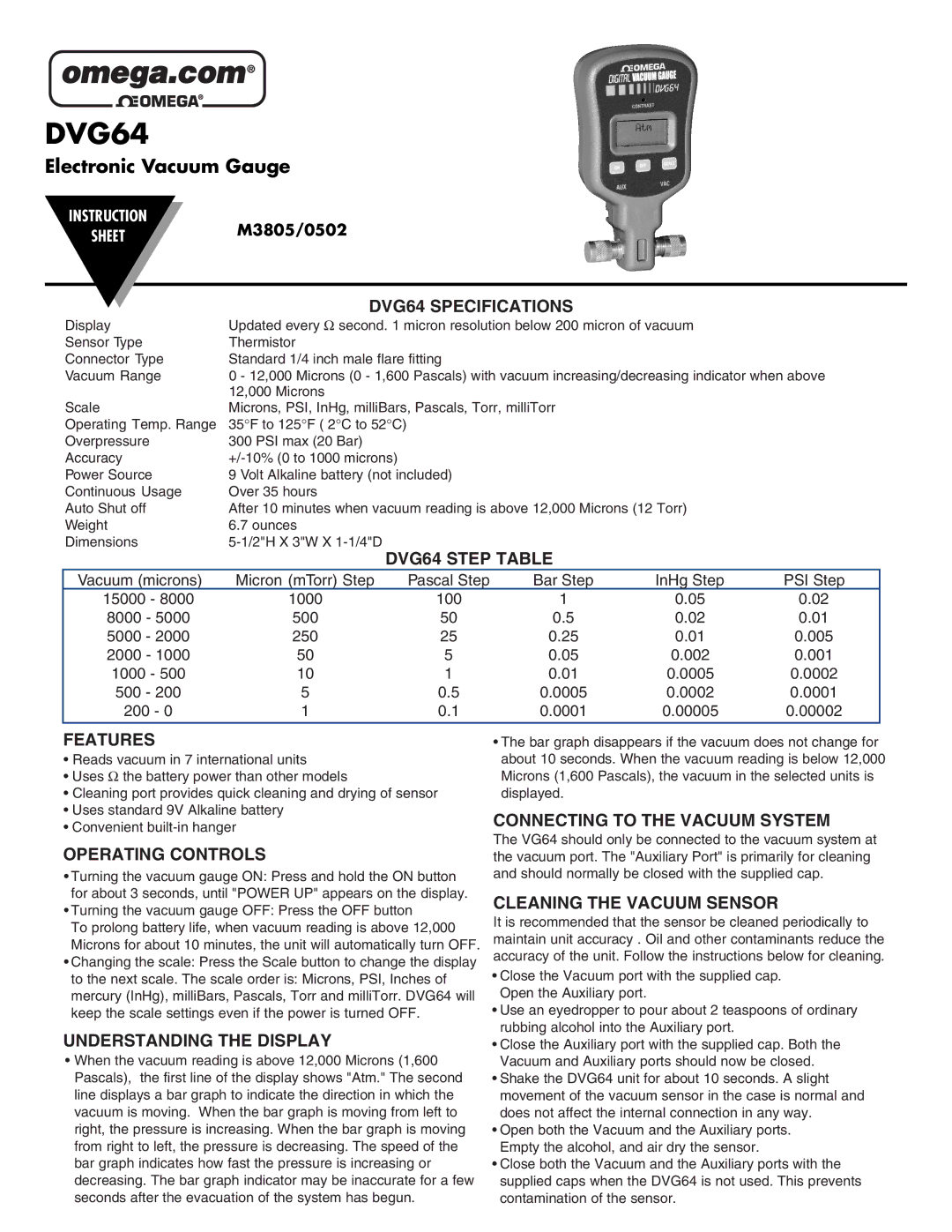 Omega Engineering instruction sheet DVG64 Specifications, DVG64 Step Table, Features, Operating Controls 