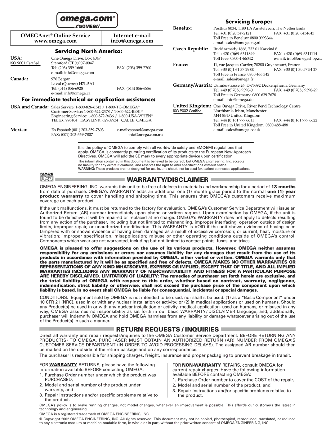 Omega Engineering DVG64 Warranty/Disclaimer, Return Requests / Inquiries, Servicing North America, Servicing Europe 