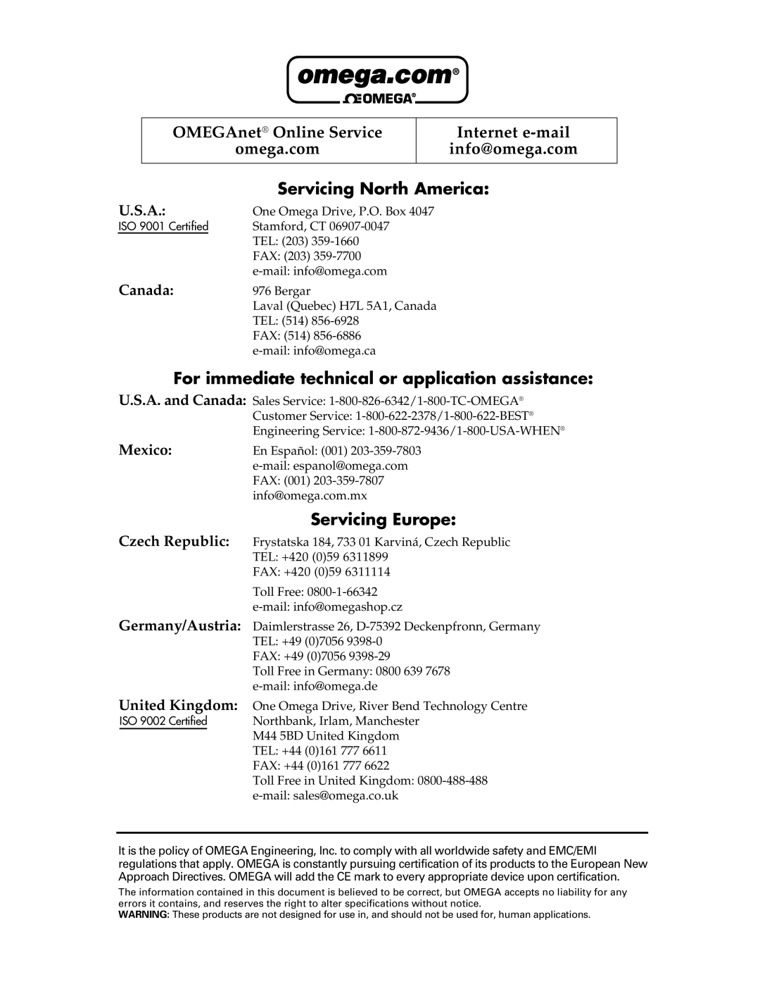 Omega Engineering EN-EIC-325-PCI manual Servicing North America 