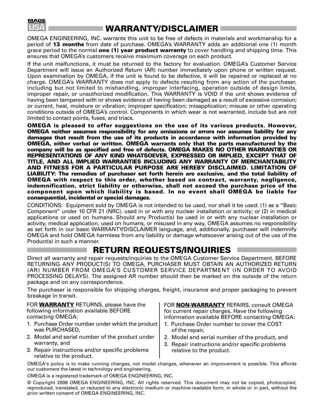 Omega Engineering EN-EIC-325-PCI manual Warranty/Disclaimer 