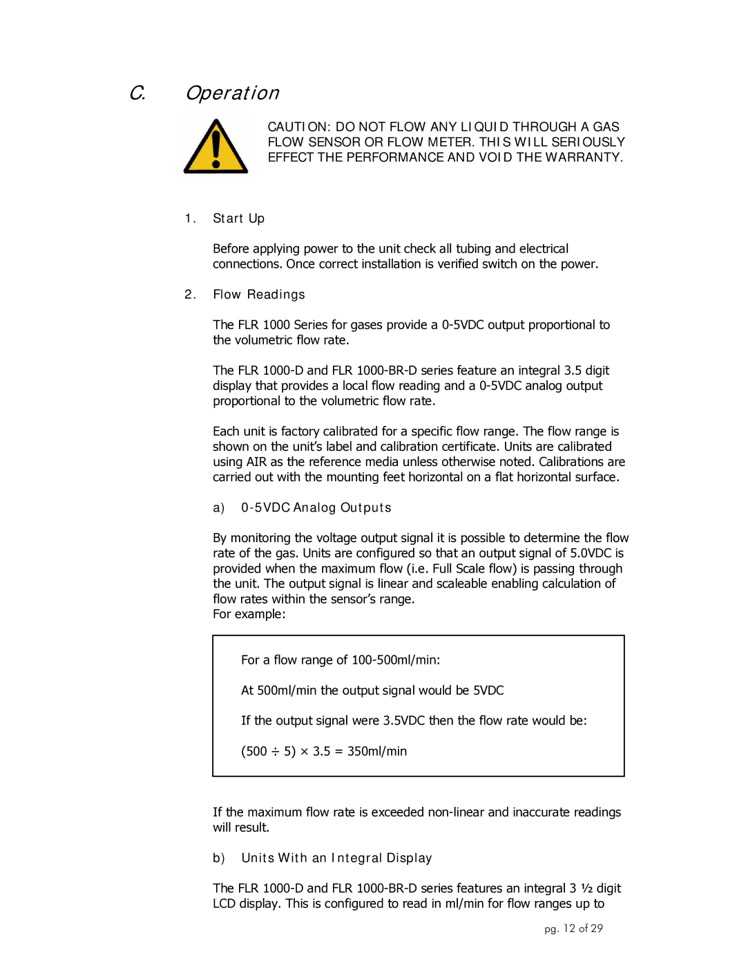 Omega Engineering FLR1000 manual Operation, Start Up, Flow Readings, 5VDC Analog Outputs, Units With an Integral Display 