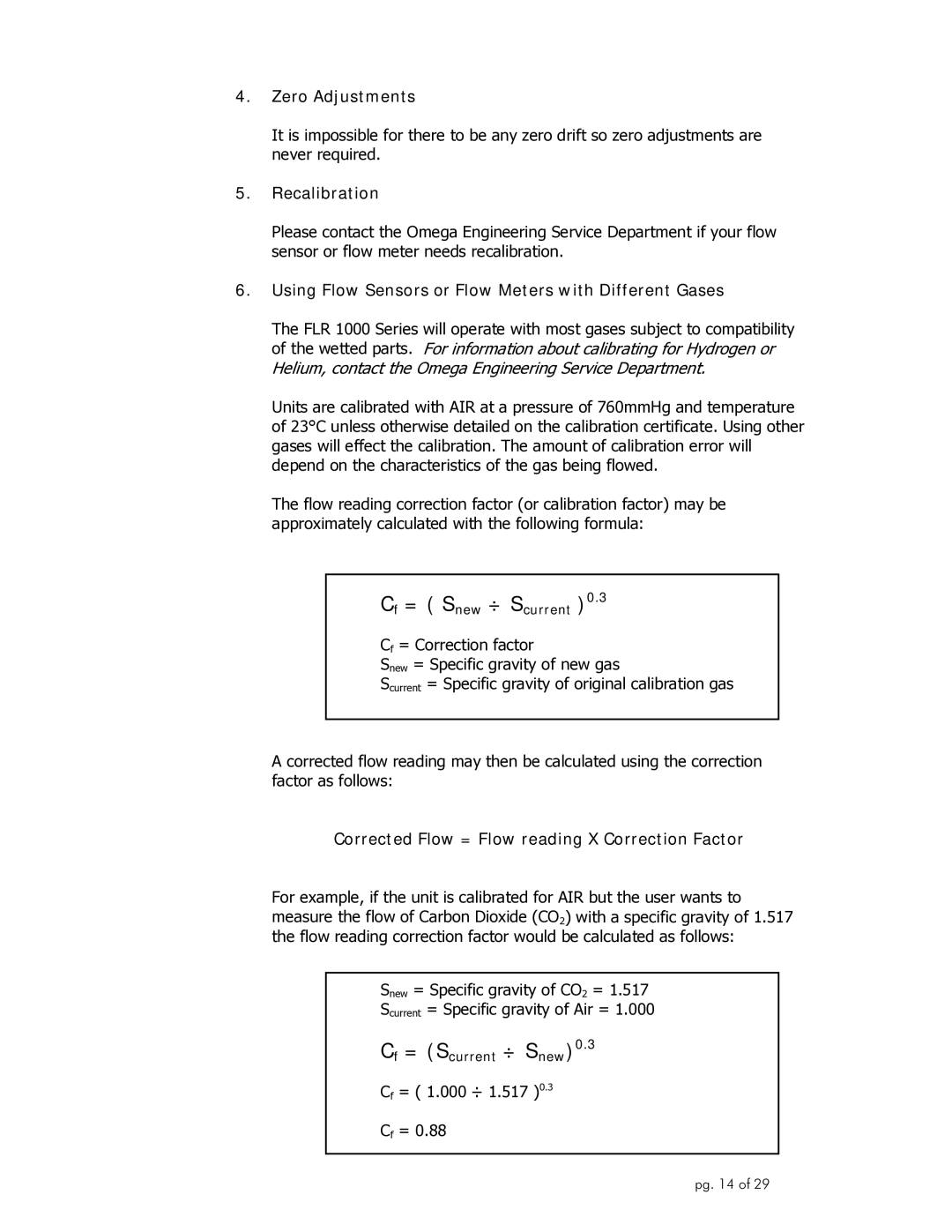Omega Engineering FLR1000 manual Zero Adjustments, Recalibration, Using Flow Sensors or Flow Meters with Different Gases 