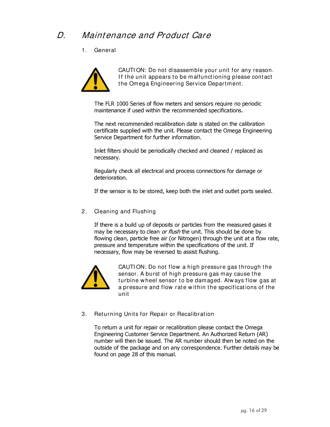 Omega Engineering FLR1000 manual Maintenance and Product Care, General, Cleaning and Flushing 