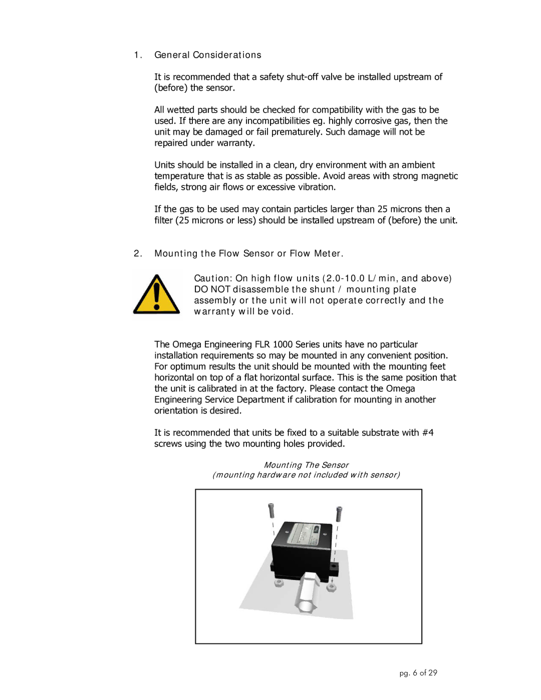 Omega Engineering FLR1000 manual General Considerations, Mounting the Flow Sensor or Flow Meter 