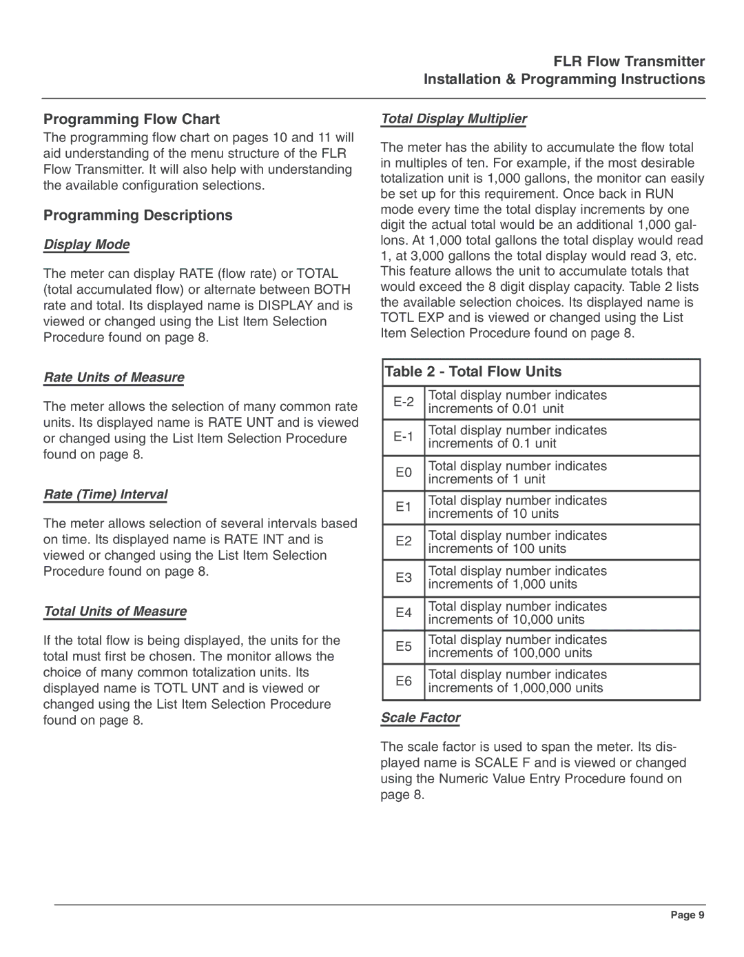 Omega Engineering FLR9000 series, FLR7000 series, FLR8000 series, FLR6000 series Programming Descriptions, Total Flow Units 