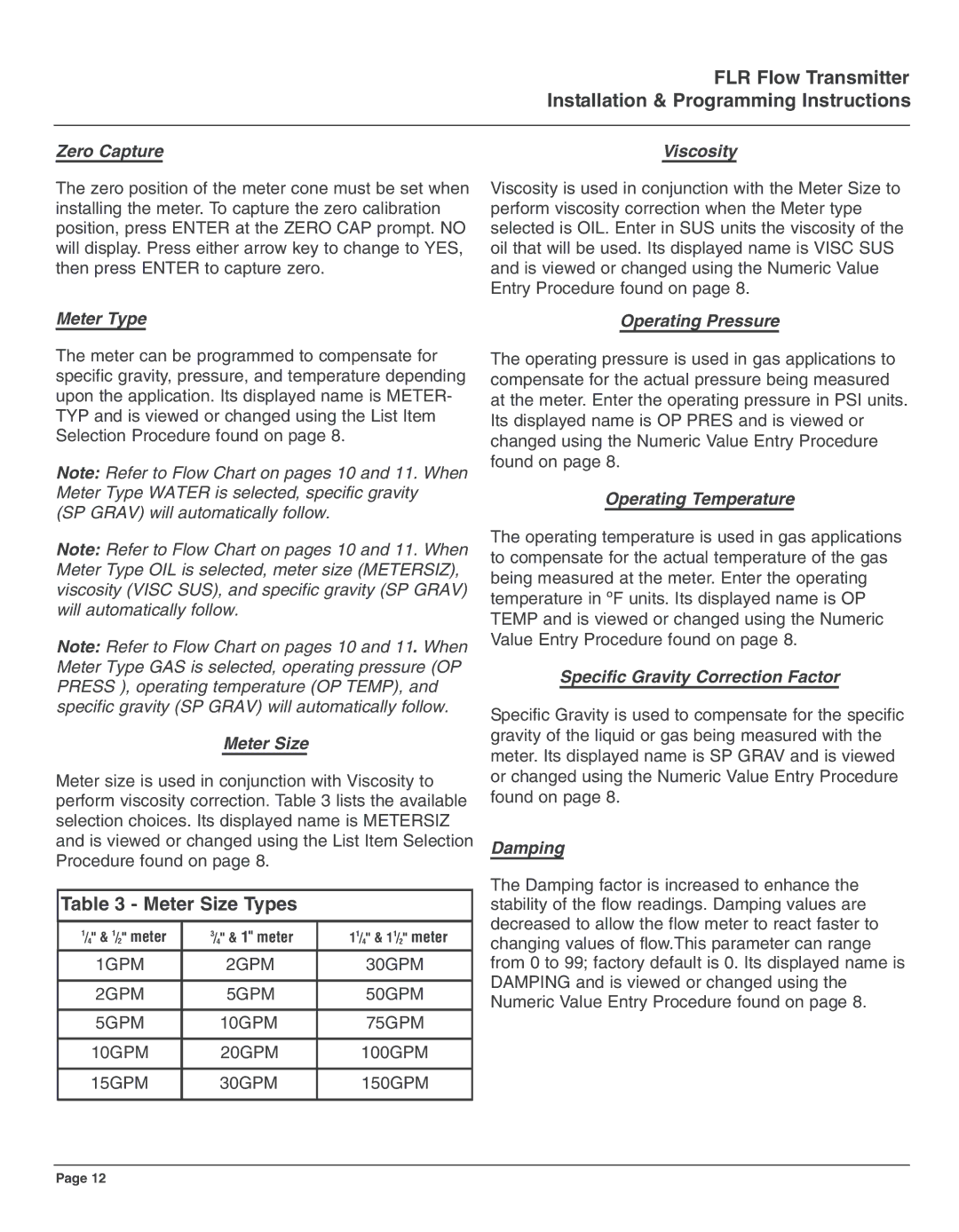 Omega Engineering FLR5000 series, FLR7000 series, FLR9000 series, FLR8000 series manual Meter Size Types, Zero Capture 