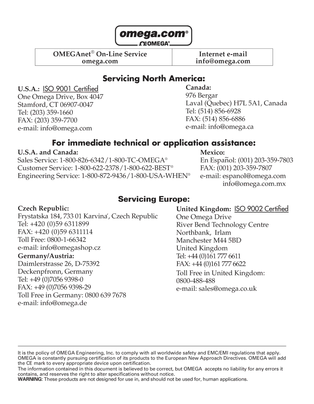 Omega Engineering FLR8000 series, FLR7000 series, FLR9000 series, FLR6000 series, FLR5000 series manual Servicing North America 