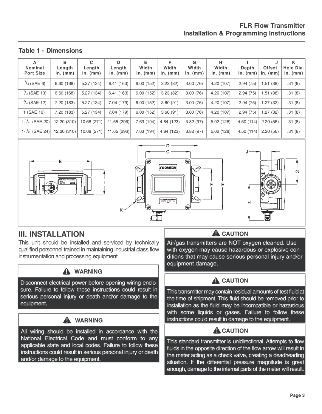 Omega Engineering FLR7000 series, FLR9000 series, FLR8000 series, FLR6000 series, FLR5000 series manual III. Installation 