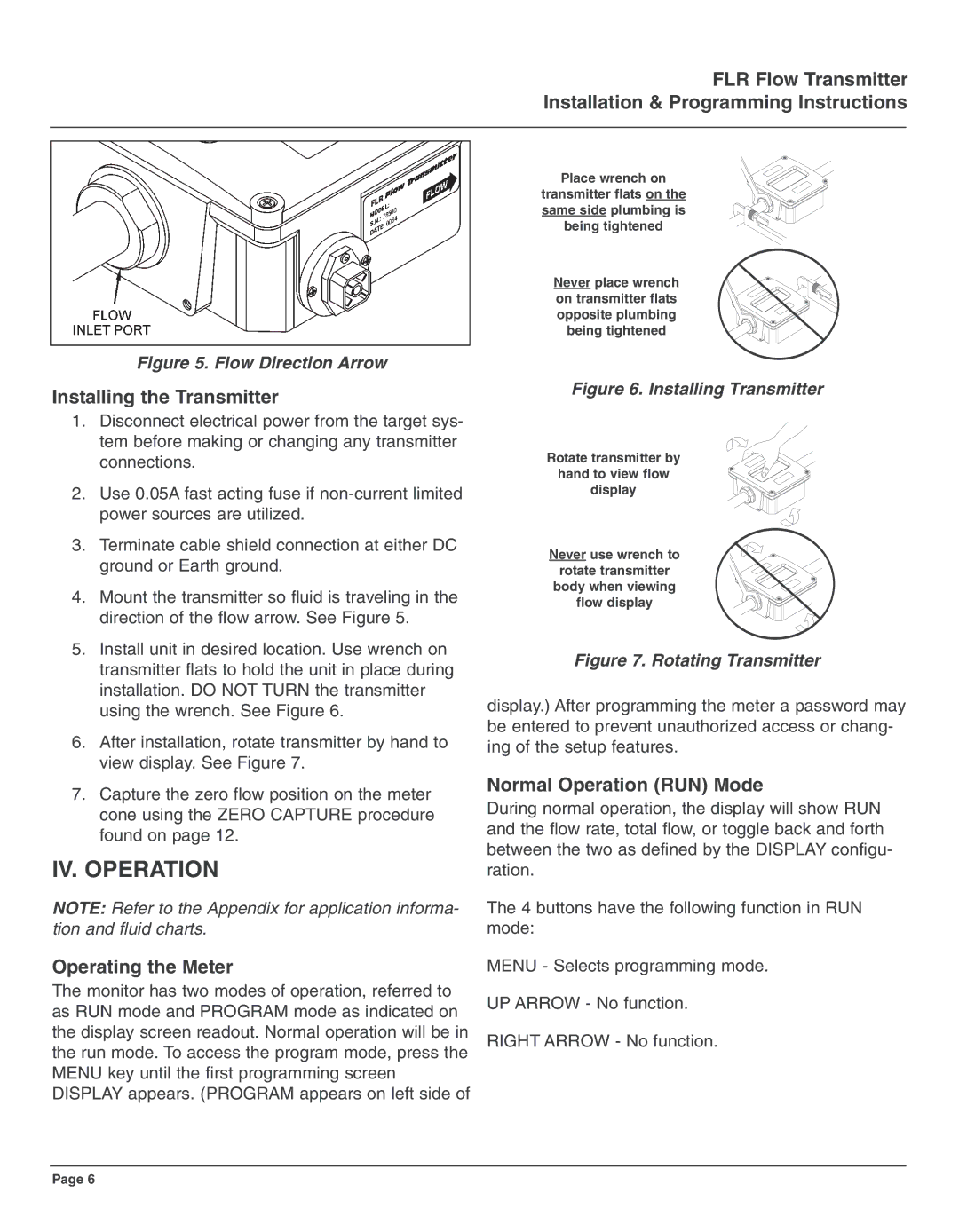 Omega Engineering FLR6000 series IV. Operation, Installing the Transmitter, Operating the Meter, Normal Operation RUN Mode 