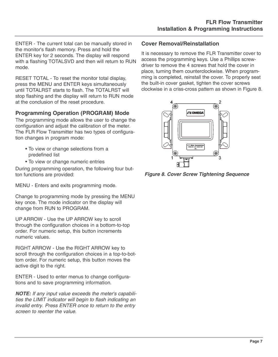 Omega Engineering FLR5000 series, FLR7000 series manual Programming Operation Program Mode, Cover Removal/Reinstallation 