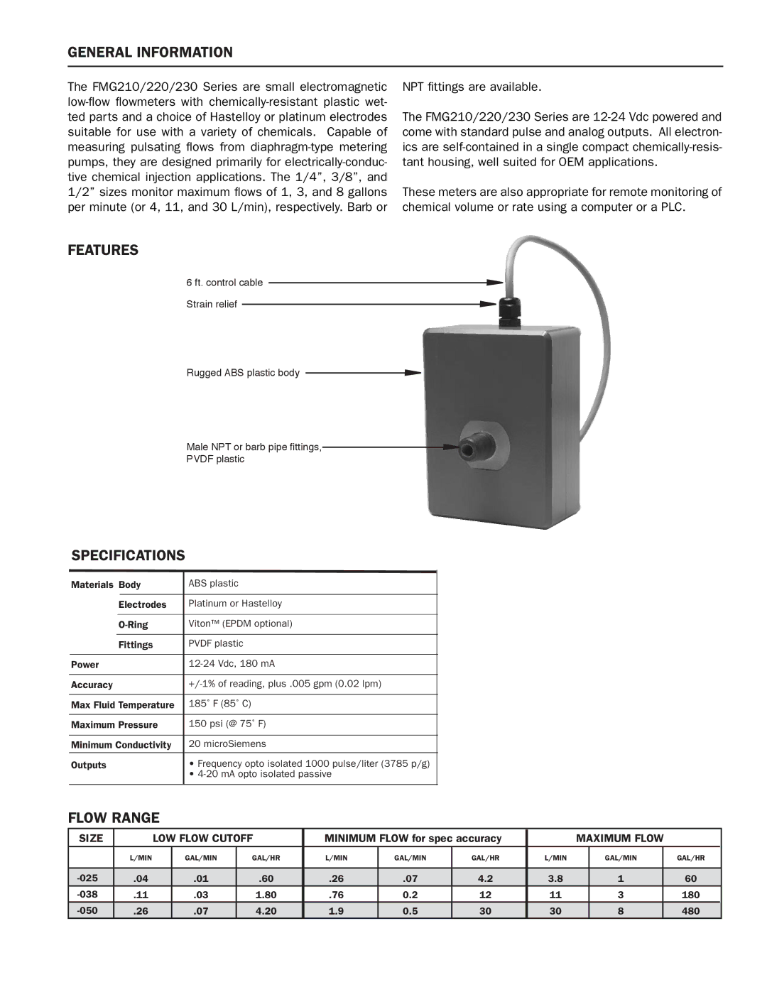 Omega Engineering FMG210, FMG230, FGM220 manual General Information, Features, Specifications, Flow Range 