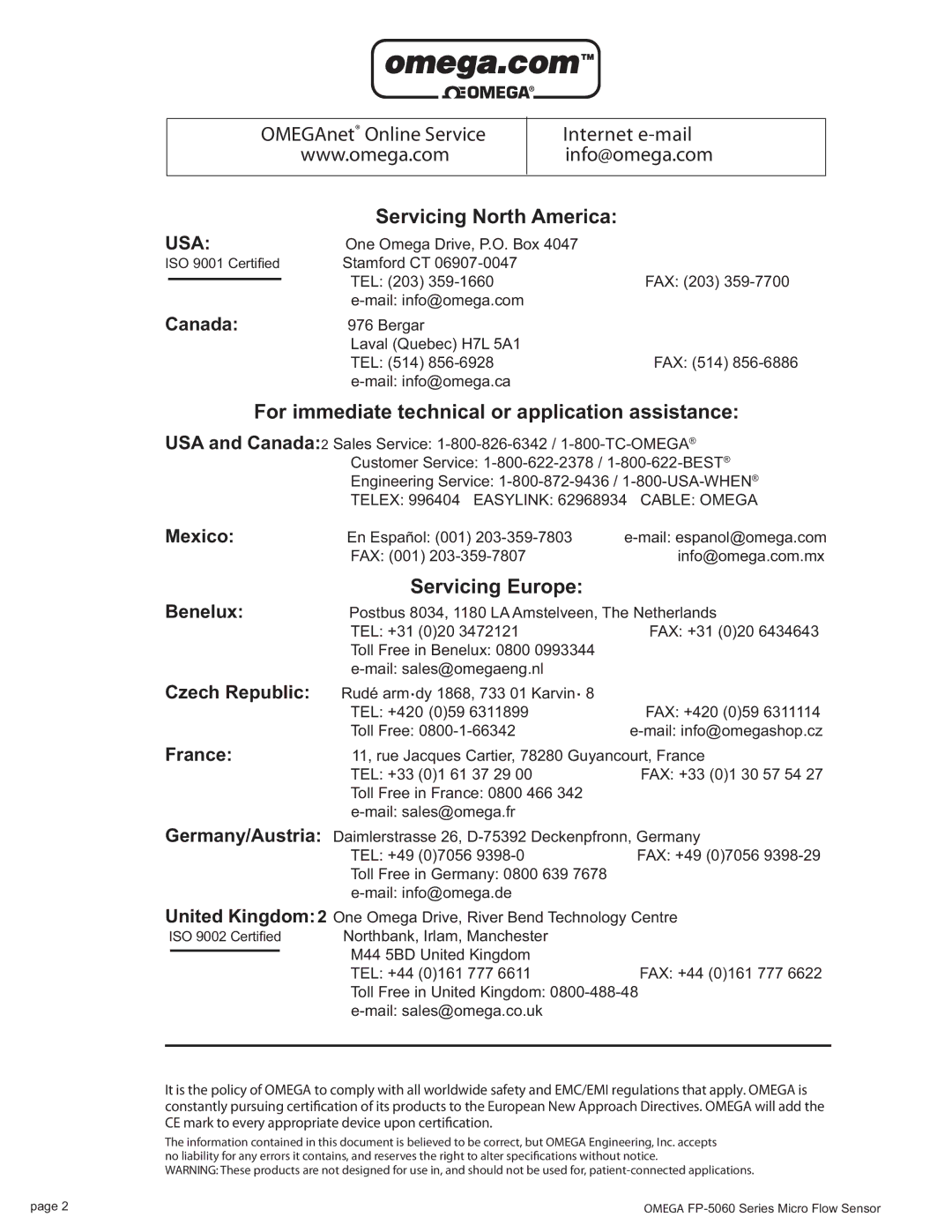 Omega Engineering FP-5060 manual Servicing North America 