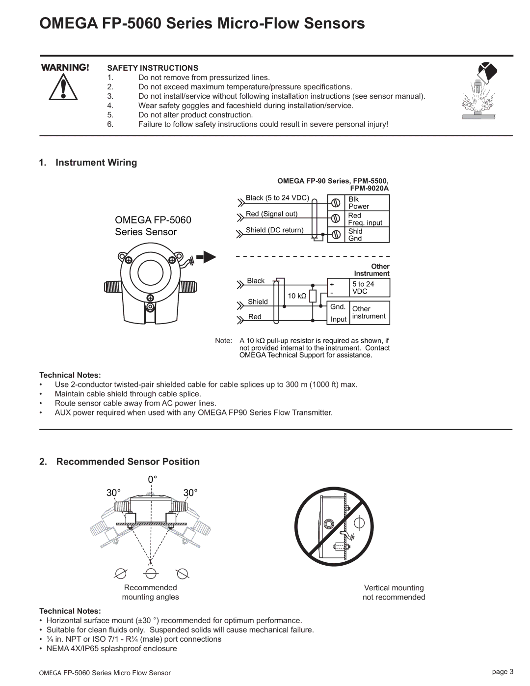 Omega Engineering FP-5060 manual Instrument Wiring, Series Sensor, Recommended Sensor Position, Safety Instructions 