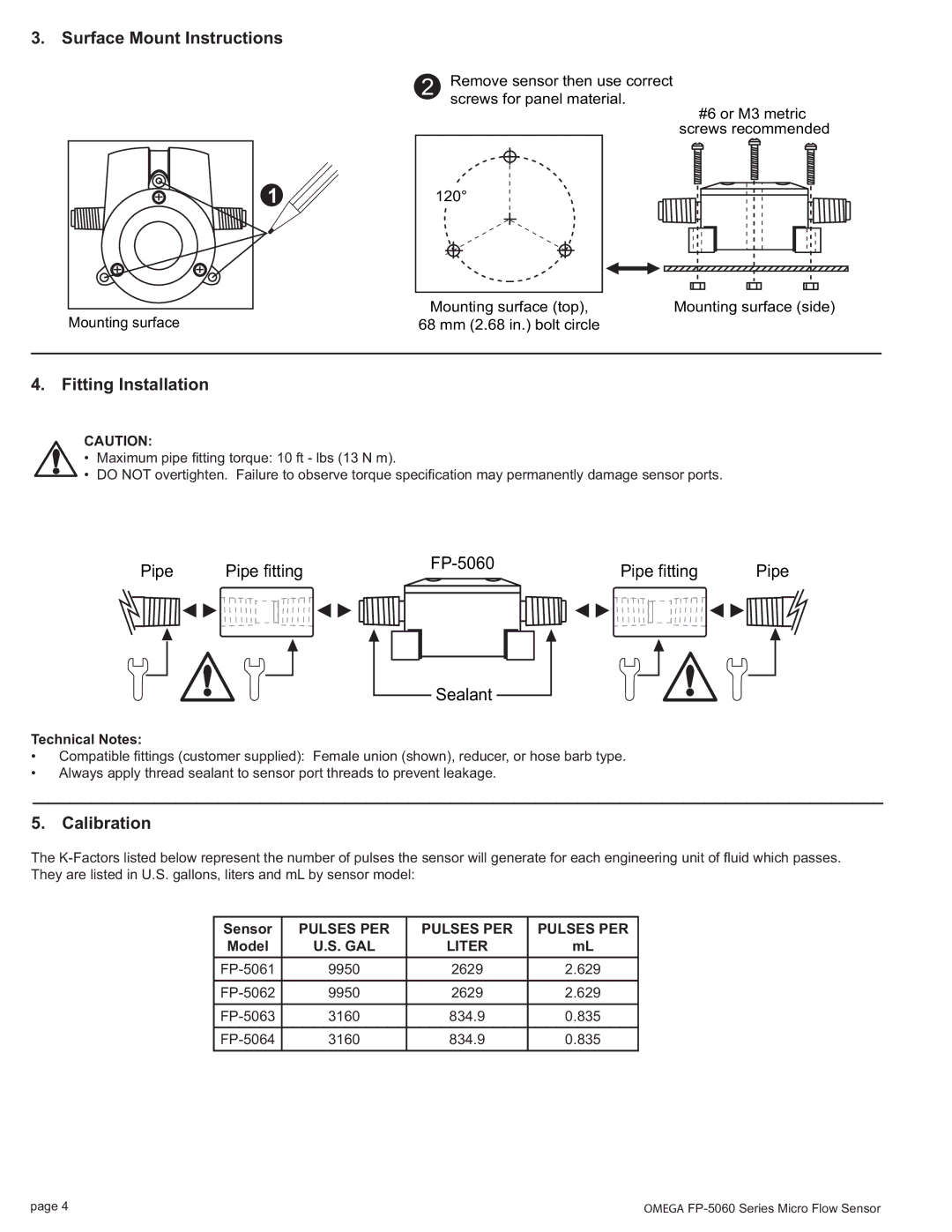 Omega Engineering Surface Mount Instructions, Fitting Installation, Pipe Pipe fitting FP-5060 Sealant, Calibration 