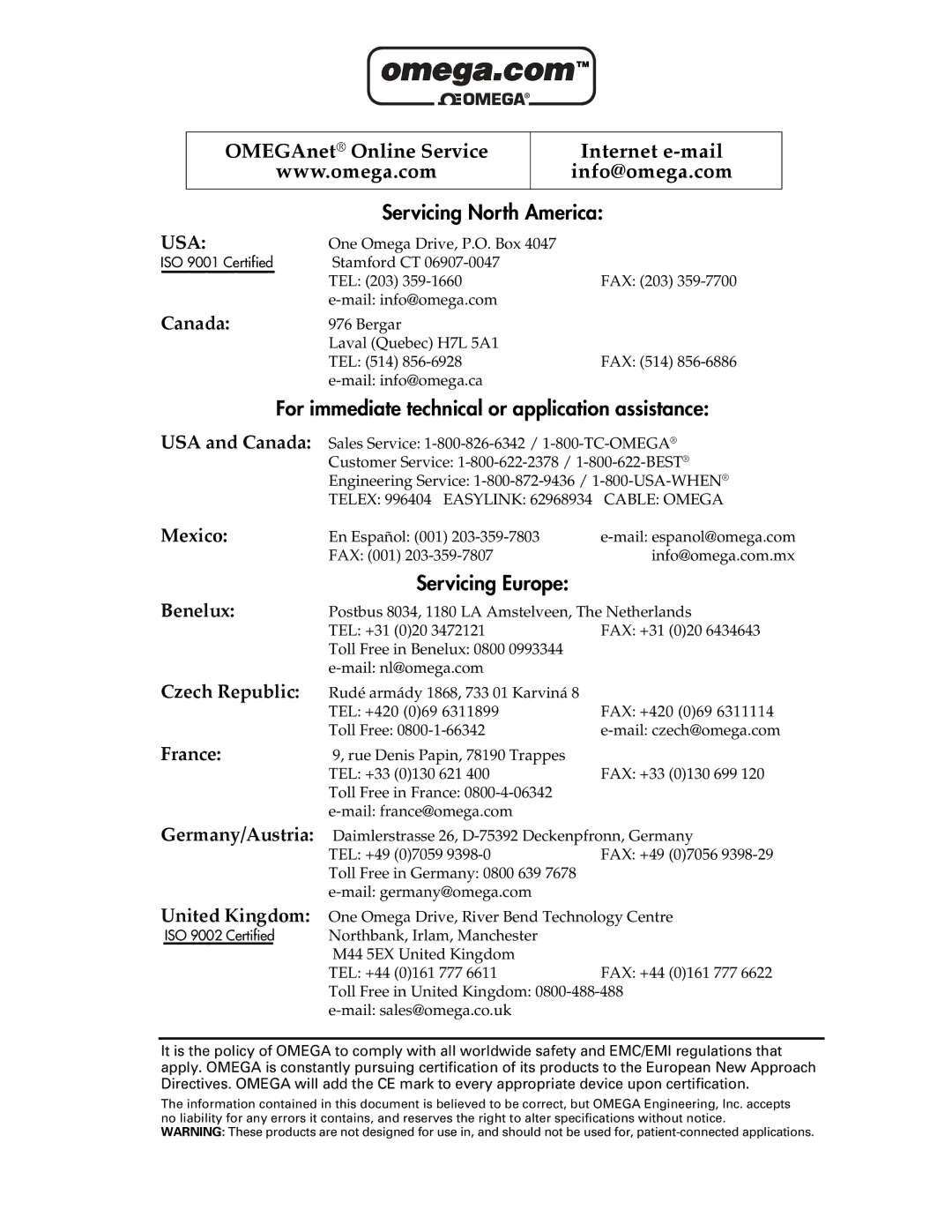 Omega Engineering FP-6000 Servicing North America, For immediate technical or application assistance, Servicing Europe 